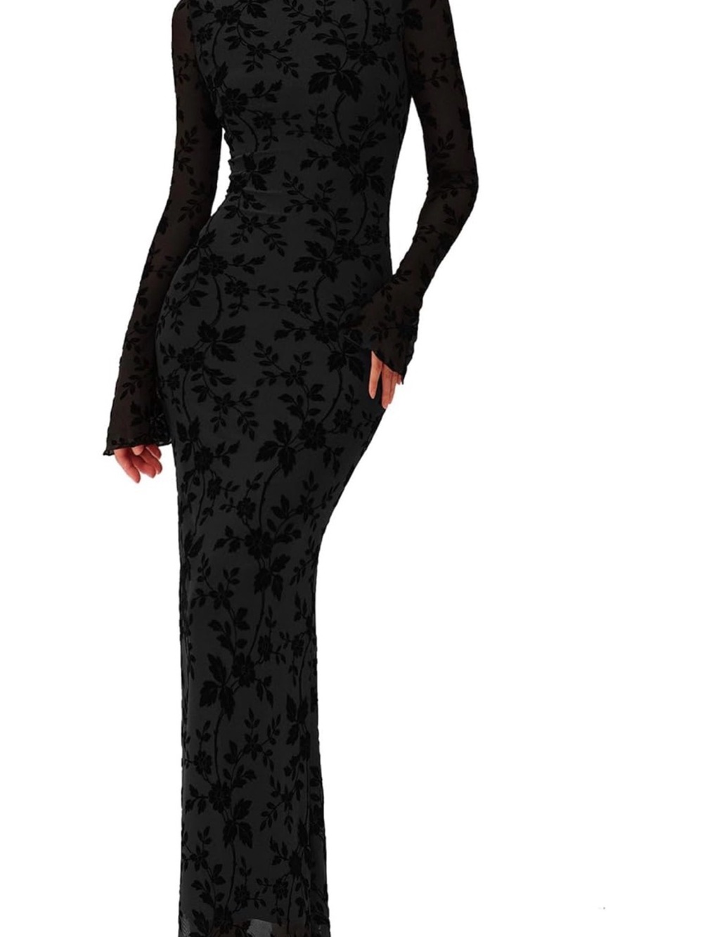 PrettyGarden Black Floral Mesh Long-Sleeve Sheath Wedding Guest Dress